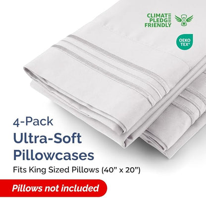 King Pillow Cases Set of 4 - Ultra Soft Hotel Quality Pillowcase Covers - Comfy, Cozy & Wrinkle Free - Shrink, Stain & Fade Resistant - Machine Washable Pillow Protectors - 4 Piece Set - French Grey
