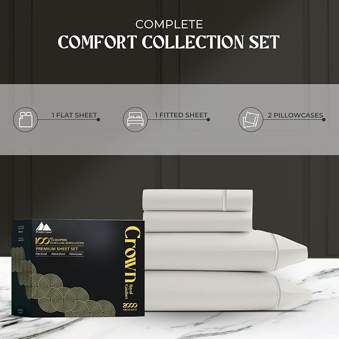 Mayfair Linen 100% Egyptian Cotton King Sheets Set - 2000 Series Luxury Sheets King Size Bed Set, Soft & Cooling, Sateen Weave 17" Extra Deep Pocket Hotel Collection Sheet (4 Pc, Light Grey)