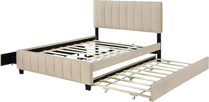 Queen Bed Frame with Trundle Bed,Velvet Upholstered Platform Bed Frame with Storage Drawers,Queen Size Trundle Bed with Headboard for Kids Teens Adults,Beige