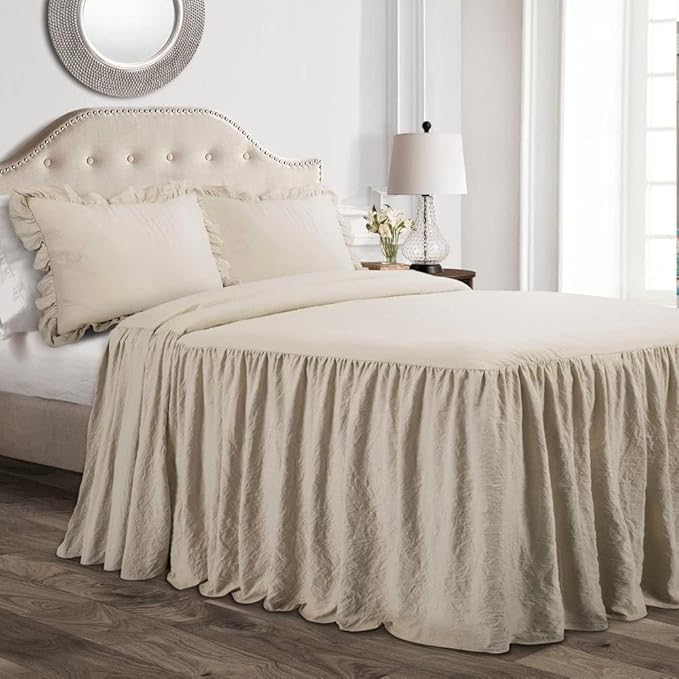 Lush Decor Ruffle Skirt Bedspread Set - 3-Piece Luxurious Farmhouse Bedding - Elegant Ruffle Detail - Timeless Style - Soft Lightweight Sheets - Queen, Neutral