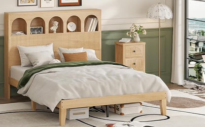 Queen Bed Frame, Storage Headboard with 5 Arched Storage Compartments, 12.4 Inch Farmhouse Wooden Queen Bed Frame, No Box Spring Needed, No Noise (Wood Color)