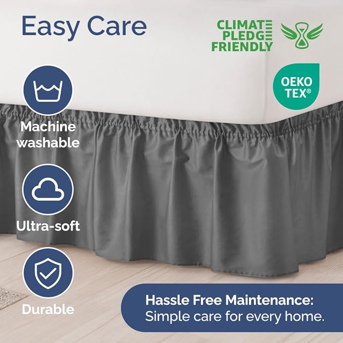 Wrap Around Dust Ruffle Bed Skirt - Dark Grey - for King Size Beds w/ 16 Inch Drop - Easy Fit Elastic Strap - Adjustable Pleated Bedskirt with Brushed Fabric, Wrinkle Free Women, Men, Kids and Teens