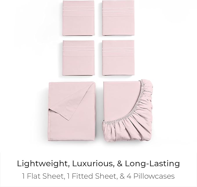 Mellanni California King Sheet Set - 6-Piece Iconic Collection Bedding, (Including 4 Pillowcases), 16-Inch Deep Pocket, Easy Care, Extra Soft, Cooling Sheets, Brushed Microfiber - Blush Pink