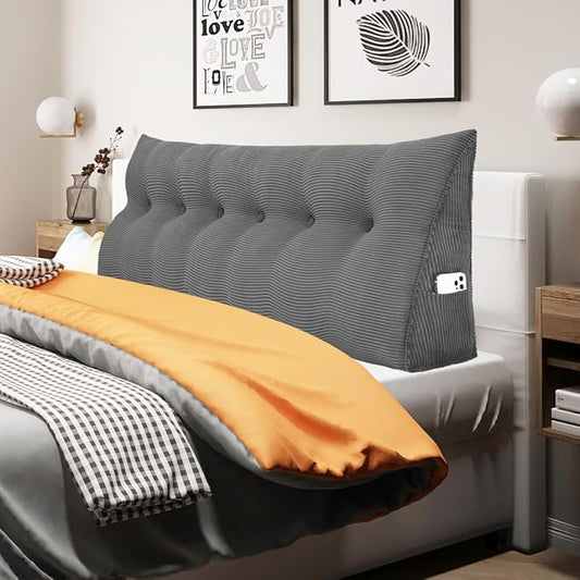 WOWMAX Triangular Headboard Pillow Bed Wedge Pillow for Headboard Large Bolster Pillow for Bed Wedge Pillow Headboard Daybed Pillows with Removable Cover, Corduroy(100% Cotton), Grey, California King
