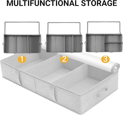 2 Packs Under Bed Storage Containers, Foldable Clothes Draw Organizers with Adjustable Dividers, Handles, Clear Window, Closet Storage Bins for Clothing, Shoes, Blankets