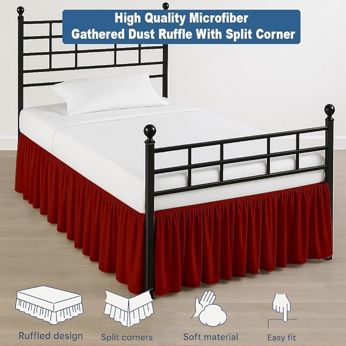 Ruffled Bed Skirt Split Corners with Platform, Tailored Fit Hotel Quality Wrinkle Free Ultra-Soft Microfiber Dust Ruffle, Upto 10 Inch Drop, Twin XL, Burgundy