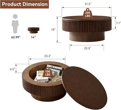 LKTART Round Coffee Table for Living Room, Accent Fluted Drum Coffee Table with Storage, Modern Solid Wood Veneered Circle Center Tea Table for Small Space Apartment (31.5''D×14''H-Walnut)