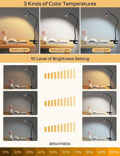 Clip on Light USB Reading Light, Eye Care Dimmable Reading Lamp 3 Color & 10 Brightness Levels Flexible Gooseneck Clip on Lamp for Bed Headboard Desk Bedside Dorm - Black