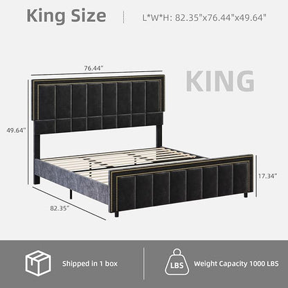 BarnFurin King Size Size Bed Frame with 50" Tall Headboard and Footboard, Chenille Upholstered Platform Bed, Vertical Channel Tufting with Nailhead Trim, No Box Spring Needed, Easy Assembly, Black