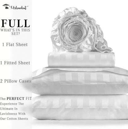 URBANHUT 800 Thread Count 100% Cotton Damask Full Size Sheets, 4 Piece Striped Full Size Bedsheets, Luxury Hotel Sheets Sateen Weave - Better Than Egyptian, 16" Elasticized Deep Pocket- White