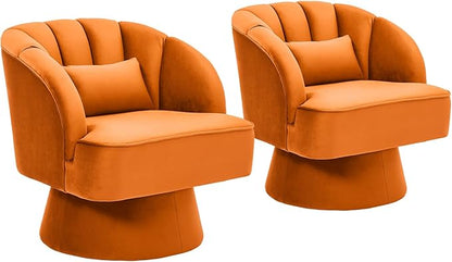 GarveeHome Modern Swivel Barrel Accent Chair, 360° Velvet Upholstered Armchair with Striped Backrest & Plush Padding, Comfy Round Lounge Chair (2, Orange + Velvet)