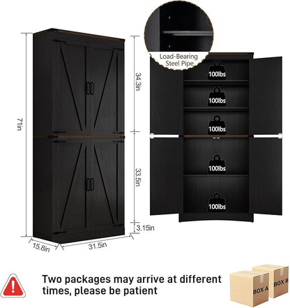 71" Tall Kitchen Pantry,Farmhouse Storage Cabinet with Adjustable Shelves,Load-Bearing Steel Pipe,Farmhouse Pantry Cabinet with 4 Barn Doors,for Kitchen,Dining Room,Living Room(Black)
