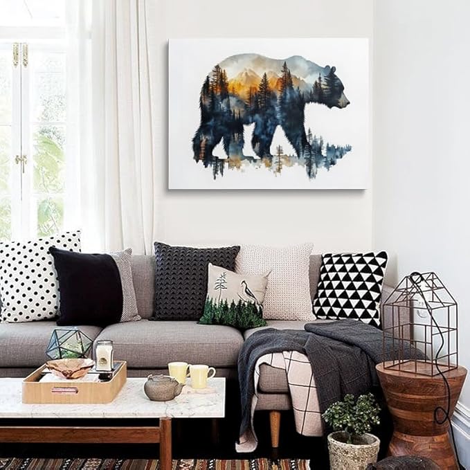Bear Silhouette Forest Landscape Canvas Wall Art Framed Print Watercolor Painting Nature Wildlife Wall Decor Artwork Poster Sunset Colors Mountain Tree for Living Room Bedroom Office 12x16 Inches