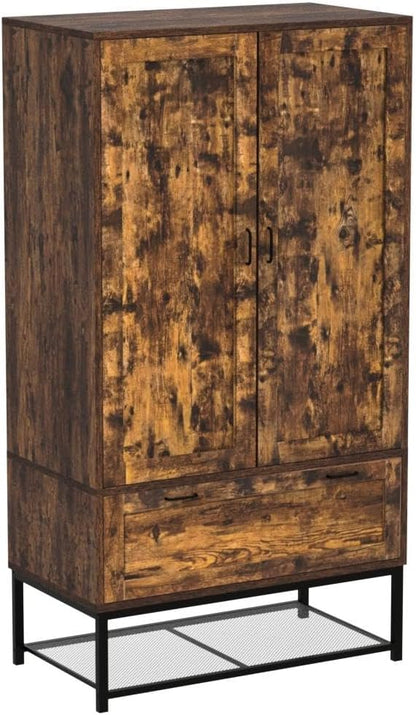 VINGLI 38" W Armoire, Wardrobe Closet with Hanging Rod, Bedroom 71" Freestanding Wardrobe Cabinet with Doors, Adjustable Shelves and Drawer, Open Compartment, Rustic Brown