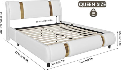 TTVIEW Modern Faux Leather Upholstered Platform Bed Frame with Golden Iron Metal Decor, Adjustable Curved Headboard, Wooden Slats Support, No Box Spring Needed, Queen Size, White