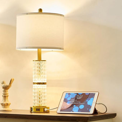 Crystal Table Lamps Modern 3-Way Dimmable Bedside Lamp with 2 USB Ports & AC Outlets for Living Room Bedroom Nightstand Lamp Night Light