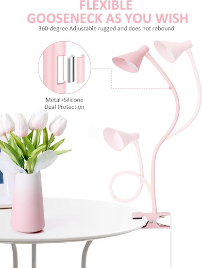 Pink Small Desk Lamp Clip on LED Reading Light for Bed, 3 Color Modes 10 Dimmable Brightness, Book in Bed Headboard, Flexible Neck Clamp BL08