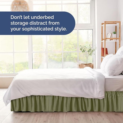Wrap Around Dust Ruffle Bed Skirt - Sage Green - for Queen Size Beds with 24 Inch Drop - Elastic Strap - Adjustable Pleated Bedskirt with Brushed Fabric and Wrinkle Free - For Women, Men, Kids & Teens