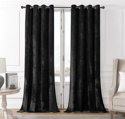 SMILETIME Black Crushed Velvet Curtains 52x108 inch Luxurious Thermal Insulated Soundproof Drapes for Living Room Bedroom Office Soft and Durable Light-Filtering Window Treatments, 2 Panels