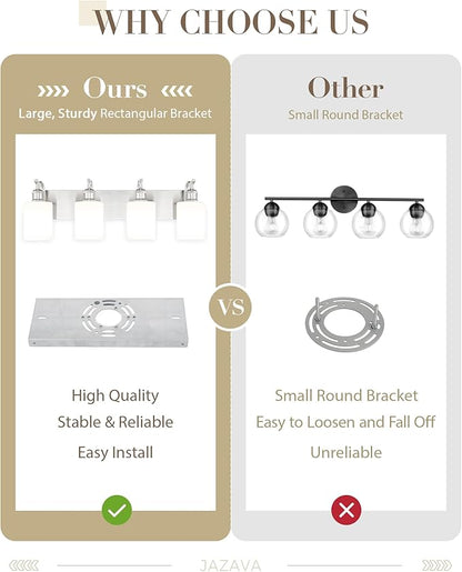 Milk Glass Bathroom Light, 4-Light Vanity Light Fixture, Brushed Nickel Wall Sconce, VL01BNW-4