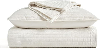 EVERGRACE Velvet Quilt Set King Size, Luxurious Soft Striped Channel Bedding Set, Lightweight Velvet Comforter for All Season, Oversized Bedspread Coverlet with 2 Matching Shams, Ivory White