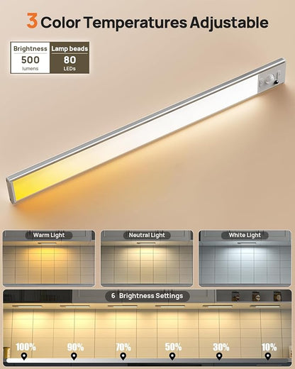 16in Under Cabinet Lighting with Remote, 160 LED Motion Sensor Light Indoor, 4000mAh USB Rechargeable Closet Lights, 3 Color Temps Wireless Under Counter Lights for Kitchen, Pantry, Stair, 2 Pack