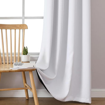 ChrisDowa White 100% Blackout Curtains for Bedroom with Black Liner, 2 Thick Layers Total Blackout Thermal Insulated Grommet Small Window Curtains 2 Panels Set (Pure White, 42 x 45 Inch)