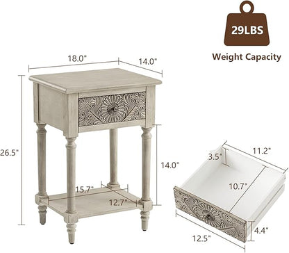 COSIEST 2 Pieces Vintage Nightstand, MDF 2-Tier Bedside Table, Wood Accent End Table with Storage Drawer and Open Display Shelf for Bedroom Living Room