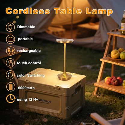 EJQ Rechargeable Cordless Table Lamp, 6000mAh Battery Operated LED Table Lights,Touch Control - 3 Color Dimmable for Bedroom, Patio, Cofee, Outdoor,Dining Home,Restaurant&Living Room-Gold