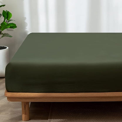 MooMee Fitted Bottom Sheet Only 100% Washed Cotton Linen Like Textured Breathable Durable Soft Comfy Deep Pocket Fits Mattress up to 17" (Olive Green, Twin)