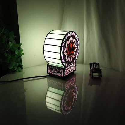 Bieye L12017 Tiffany Style Stained Glass Desk Clock Table Lamp with Lotus Flower Design (Three Hares)