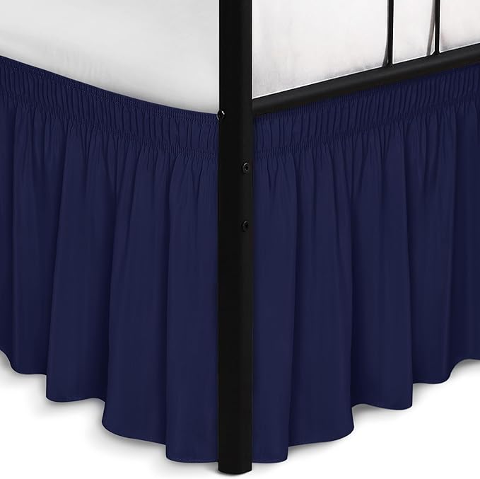 Biscaynebay Wrap Around Bed Skirts with Split Corners for Queen Beds 18" Drop, Navy Adjustable Elastic Dust Ruffles Easy Fit Wrinkle Resistant Silky Luxurious Fabric Machine Washable