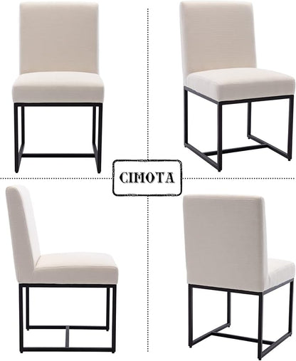 CIMOTA Modern Linen Dining Chair Set of 4, Mid Century Dining Room Chairs Fabric Upholstered Armless Side Chair with Black Sled Base for Dining Room, White Cream 4PCS