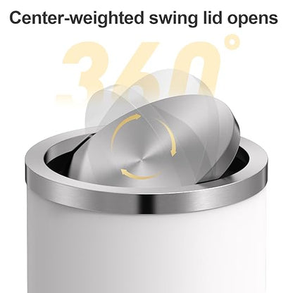 Mbillion Small Trash Can with Swing Lid 2.4 Gallons/9 Liter, Mini Trash Can with lid, Stainless Steel Cylindrical Garbage Can for Home and Office Bathroom Bedroom, for Ground and Desktop White