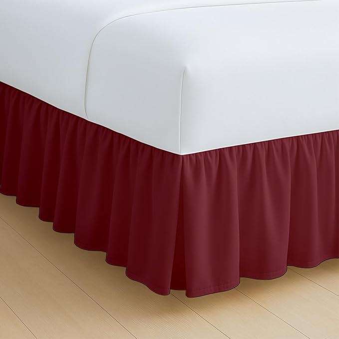 Rajlinen Ruffled Bed Skirt King, 24 Inch Drop Dust Ruffle with Split Corners, 100% Microfiber Bedskirt with Platform, Three-Sided Coverage Ruffled Gathering Design, Burgundy