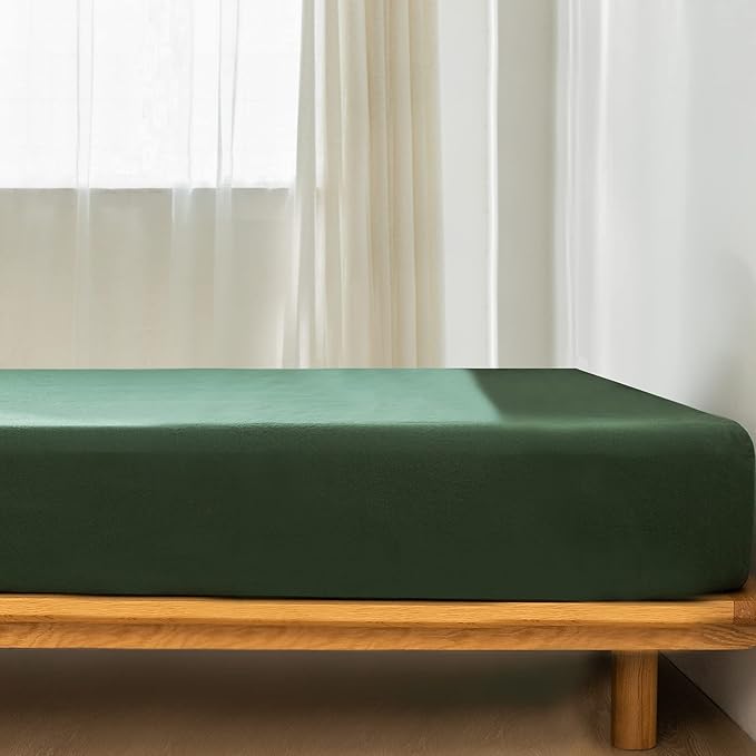 MooMee Fitted Bottom Sheet Only 100% Washed Cotton Linen Like Textured Breathable Durable Soft Comfy Deep Pocket Fits Mattress up to 17" (Forest Green, King)