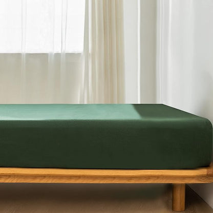 MooMee Fitted Bottom Sheet Only 100% Washed Cotton Linen Like Textured Breathable Durable Soft Comfy Deep Pocket Fits Mattress up to 17" (Forest Green, Queen)