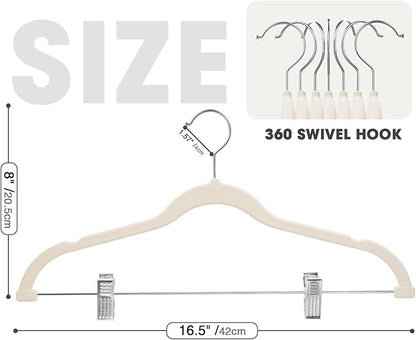 24-Pack Beige Velvet Hangers with Clips Adjustable,Adult Hangers,Heavy-Duty,Felt,Non-Slip,Space Saving,Slim Outfit Hanger for Pants, Skirts, Suits,Coats, Dresses ect.
