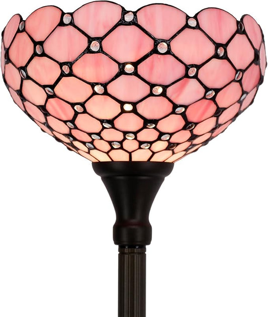 WERFACTORY Tiffany Floor Lamp Pink Stained Glass Pearl Bead Light 12X12X71 Inches Torchiere Standing Corner Torch Uplight Decor Bedroom Living Room Home Office S005P Series