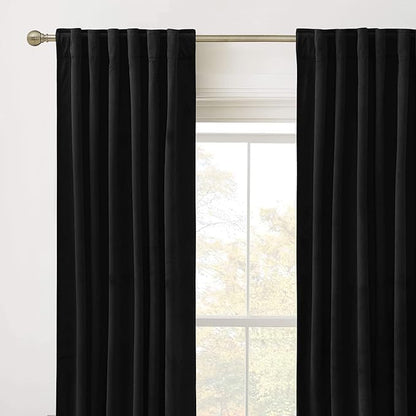 RYB Home Velvet Curtains 96 inches - Blackout Heavy Duty Curtains Soft Luxury Back Tap Window Covering Privacy Protection for Kids Room Bathroom Parlor, Black, W52 x L96 inches, 2 Panels