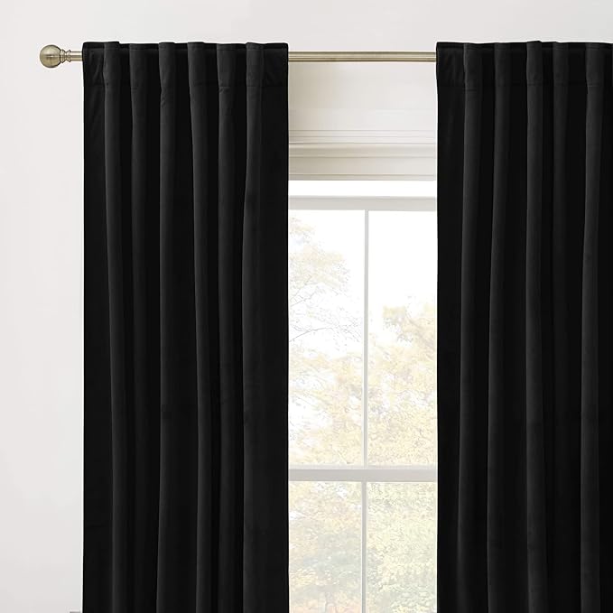 RYB Home Black Velvet Curtains 84 inches - Blackout Heavy Duty Curtains Soft Luxury Back Tap Window Covering Privacy Protection for Kids Room Bathroom Basement, Black, W52 x L84 inches, 2 Panels