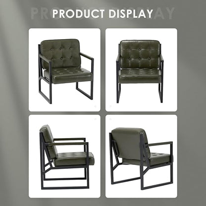 COLAMY Accent Chairs Set of 2, Modern Accent Arm Chairs for Living Room, Comfy Leather Armchairs with Metal Legs for Reception Waiting Room Office Lobby, Green