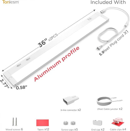 36 Inch Under Cabinet Lighting Plug in, 20W 120V 3 Color 3000K/4000K/5000K, 3 Brightness, Super Bright, Ultra Thin Under Counter Lights for Kitchen, Linkable LED Cabinet Light, White 2Pack