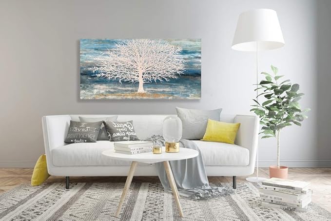 RICHSPACE ARTS Modern Tree Canvas Wall Art Teal Blue and White Pictures Large Abstract Decor Framed Landscape Oil Painting Artwork with 3d Texture and Gold Foil for Living Room Bedroom(20W*40L
