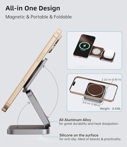 Foldable Magnetic Wireless Charger, KU XIU Aluminum Alloy 3 in 1 Charging Station for Apple, Fast Charging Travel Charger for iPhone 17 16 15 14 13, 5W for Apple Watch Ultra, AirPods, Leather Texture