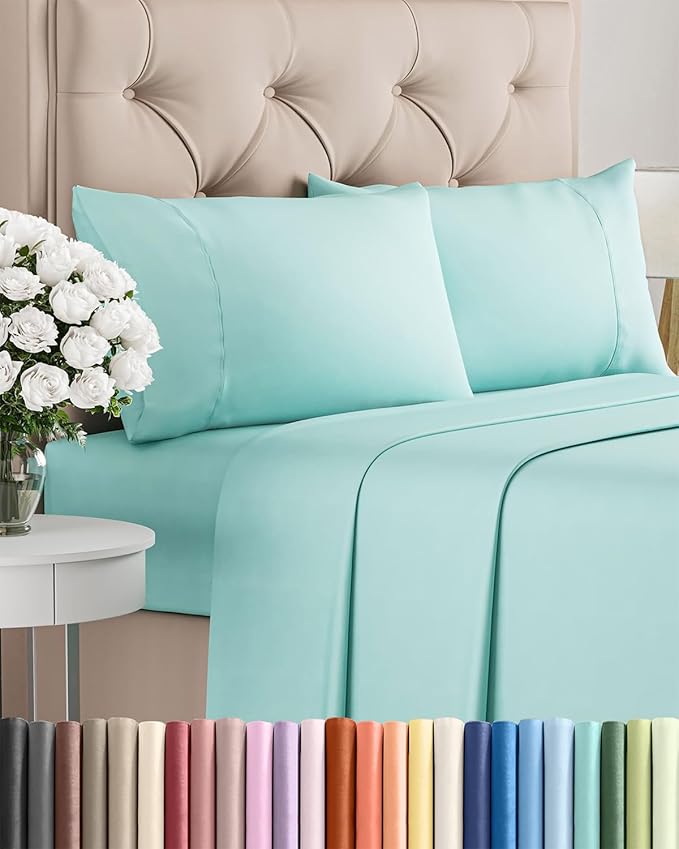 Twin 4 Piece Sheet Set - Cooling, Comfy & Breathable - Hotel Luxury Bedding, Includes Fitted Sheet for Women, Men, Kids and Teens - 1 Flat, 1 Fitted Sheet, 2 Pillowcases with Deep Pockets - Spa Blue