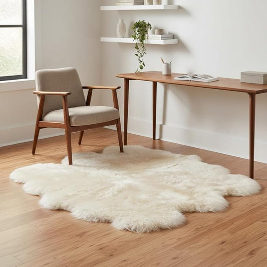 Super Area Rugs Premium Genuine Sheepskin Rug 5' x 6' Long Fur Soft & Natural Shaggy Living Room Rug, Champagne Cream, Six Pelt