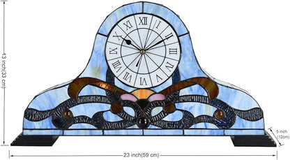 Bieye L10661 Baroque Desk Clock Tiffany Style Stained Glass Accent Table Lamp for Living Room Bedside Home Decoration, Night Light with Quartz Watch Inside (Blue)