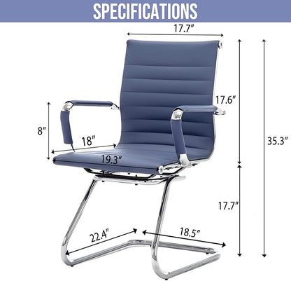Wahson Office Guest Chairs Set of 4, Leather Reception Chairs, Mid Back Waiting Room Chair, Conference Chairs with Sled Base, Desk Chair No Wheels for Meeting/Lobby/Restroom, Navy Blue