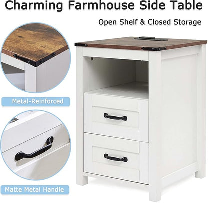 Puntogen White Night Stand Set of 2, Rustic End Table with Charging Station, Farmhouse Tall Nightstand for Bedroom, Drawer Dresser Bedside Table with Open Storage Shelf